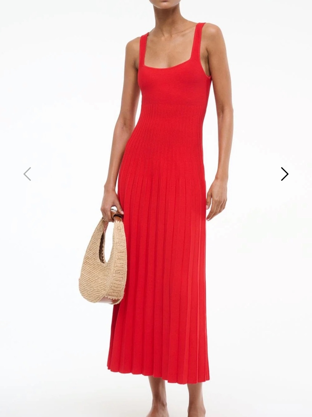 STAUD Red Ribbed Midi Dress with Square Neck